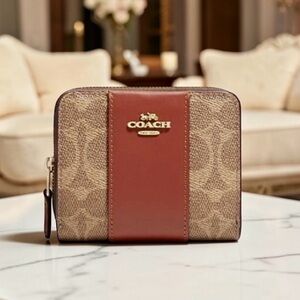 New! Coach Double Billfold Wallet – Colorblock Signature Canvas Tan/Rust (NWOT)